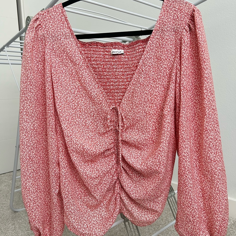 Abercrombie & Fitch Size L Red/Orange Ruched Puff Sleeve Blouse